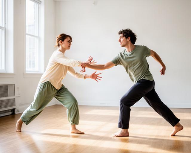 Dos bailarines trabajando una frase de movimiento durante una residencia en el estudio