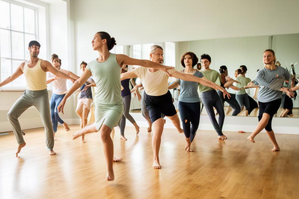 Clase actual de danza contemporánea con jóvenes y adultos sobre suelo de madera
