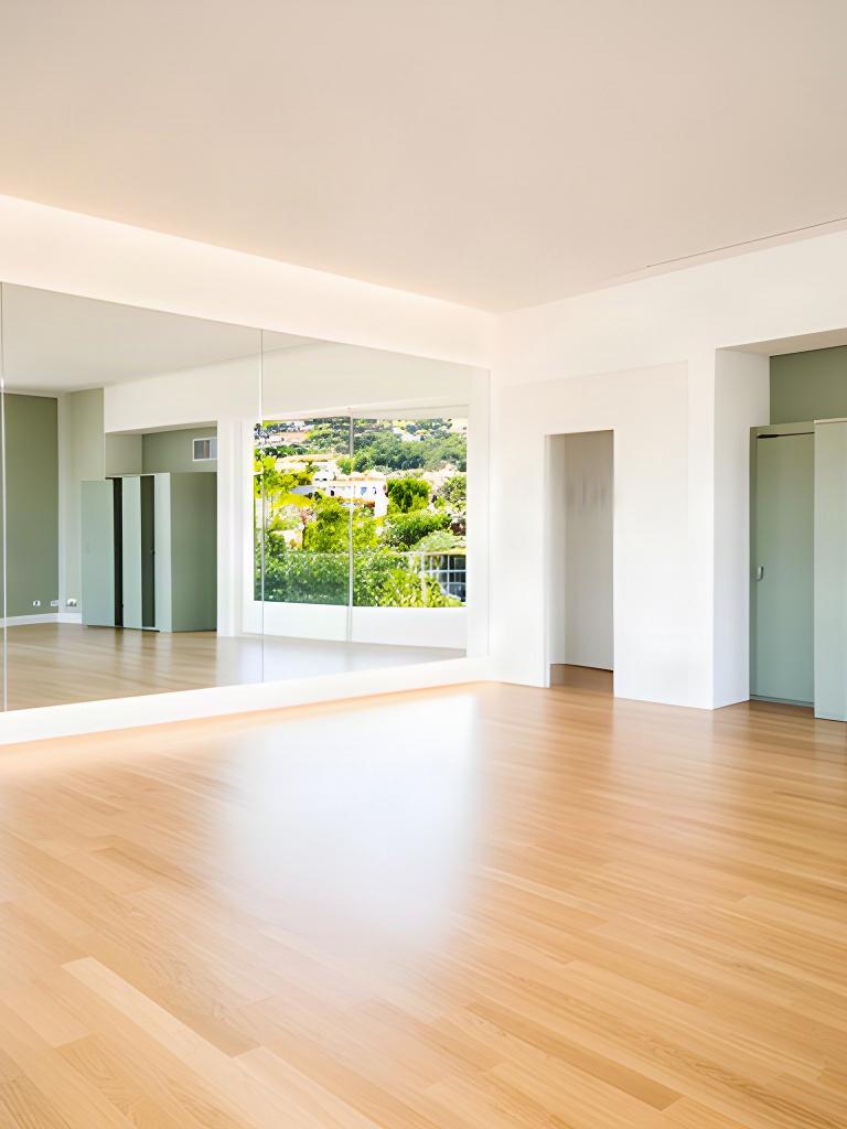 Sala diáfana de 120 metros cuadrados con suelo de madera, espejos y luz natural